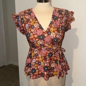 Monteau Floral Flutter Sleeve Wrap Blouse